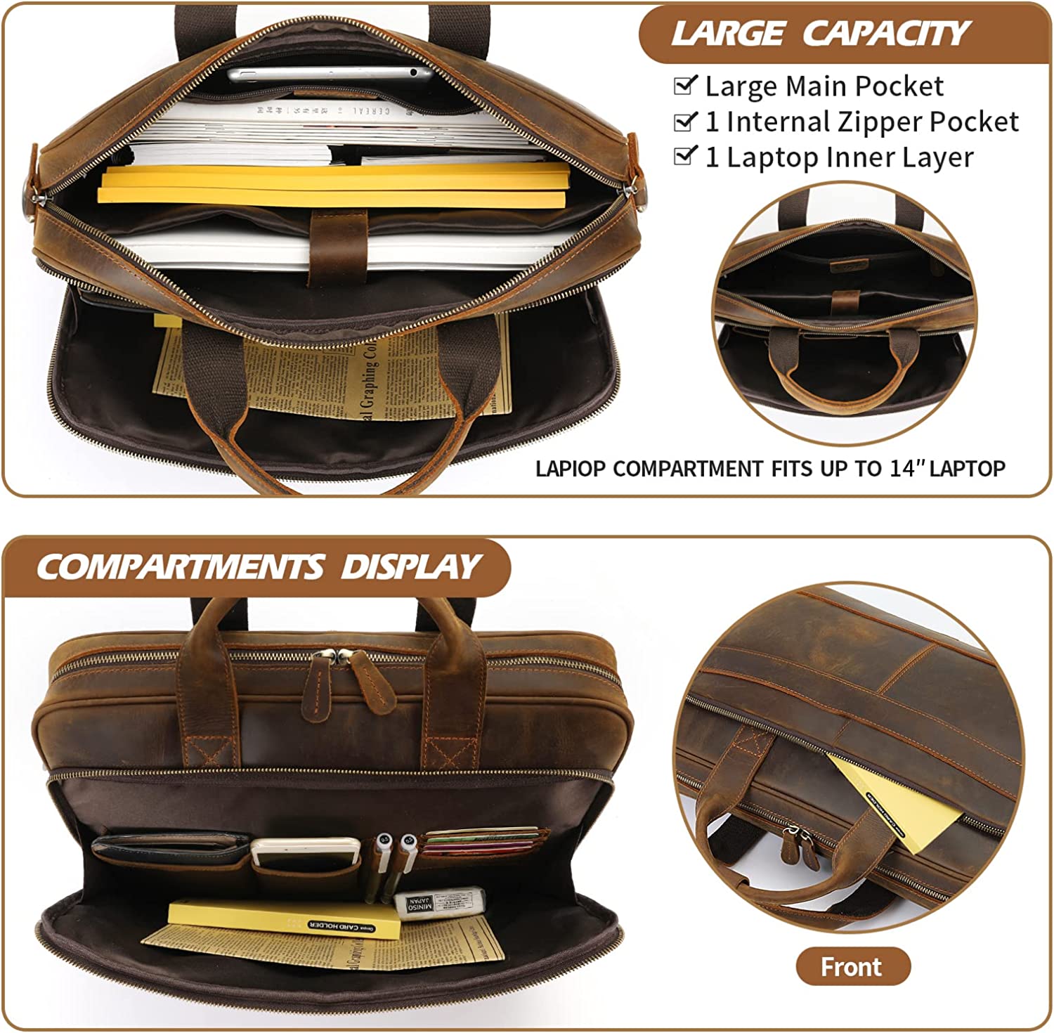 Jack&Chris Leather Briefcase for Men,Business Travel Laptop Messenger Bags - Image 3